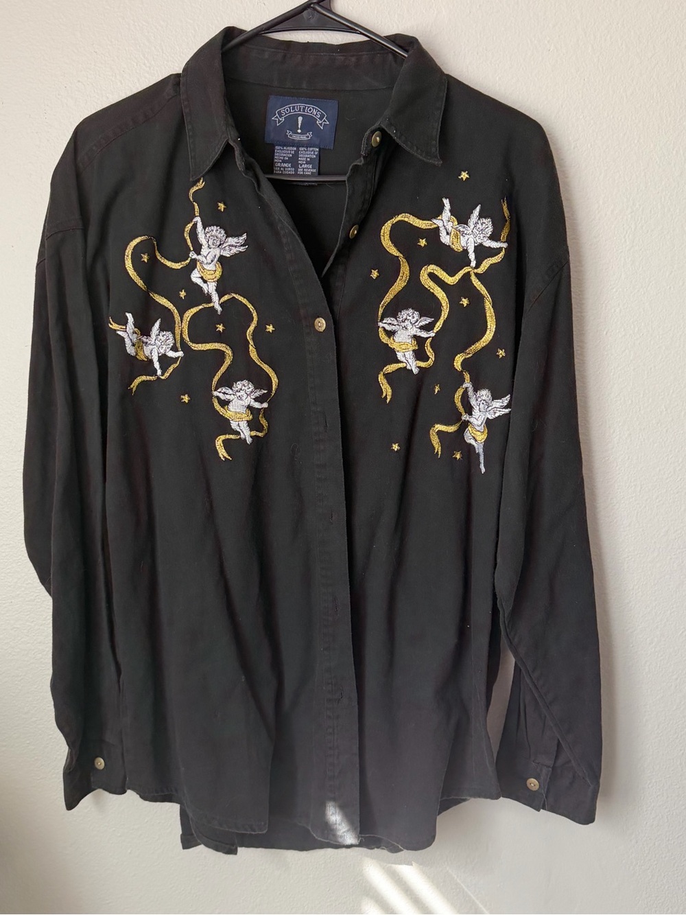 Vintage Y2K Cherub Embroidered Button Down Shirt Black Gold Angel Ribbon Top L